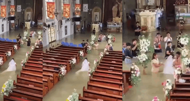 Amor a prueba de tormentas: novia llega al altar en una iglesia inundada en Filipinas