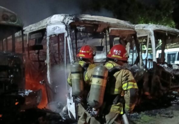 Bomberos controlan incendio que afectó cuatro autobuses durante la madrugada en Santa Ana